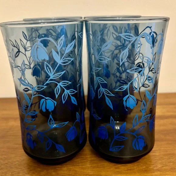 Floral Blue Vintage Glass Tumblers Set by Libbey - Picture 3 of 7